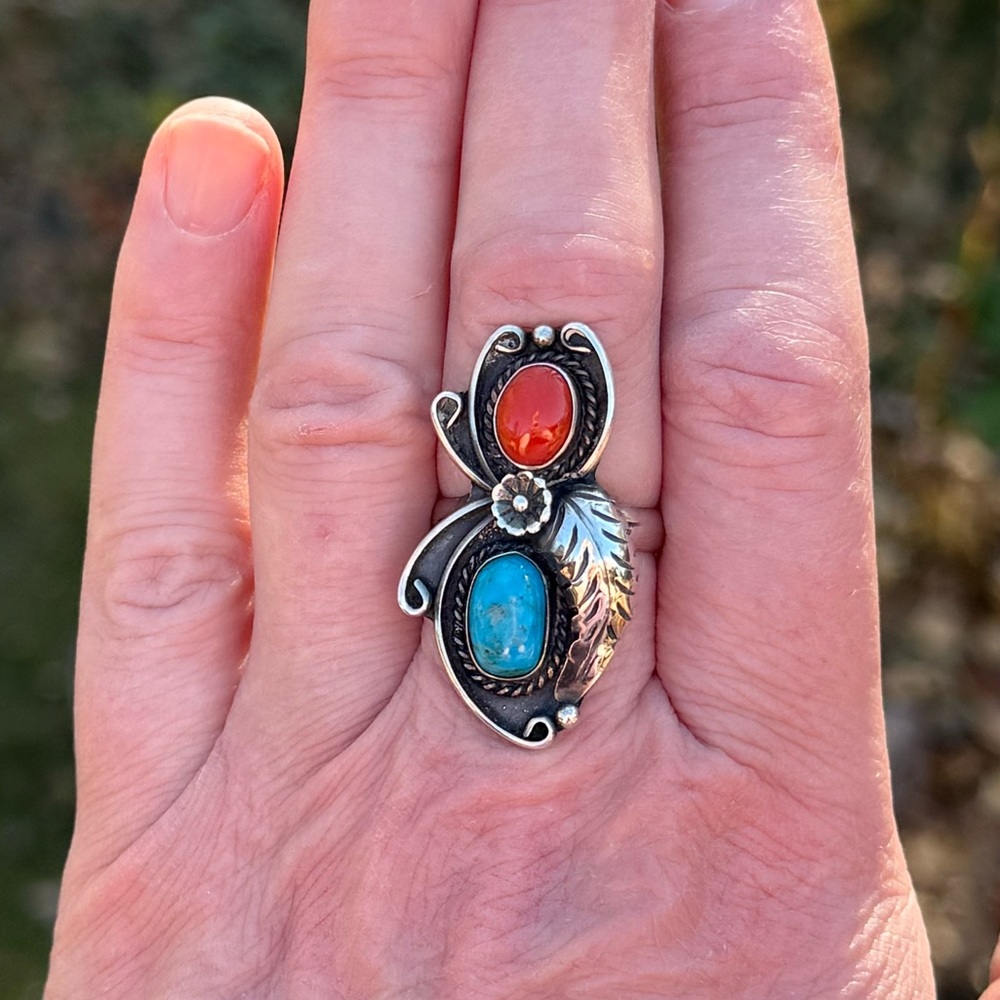 Vintage Henry Mariano_ Navajo _Silver Turquoise & Coral Feather Leaf Ring Sz 10